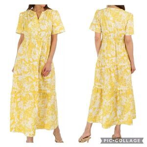 CASA CABANA Women’s Yellow Tropical Floral Tired Short Sleeve Maxi Dress Size M